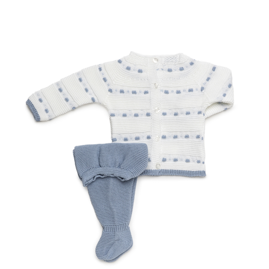 Conjunto de Malha Branco e Azul Bebé com Camisola e Calças- Juliana
