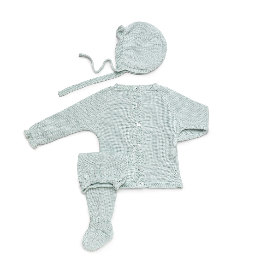 Conjunto de Malha Verde Água Bebé com Camisola, Calças e Touca - Juliana