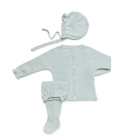 Conjunto de Malha Verde Água Bebé com Camisola, Calças e Touca - Juliana