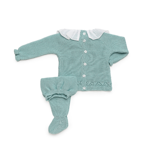 Conjunto de Malha Verde Água Bebé com Gola Branca e Calças - Juliana