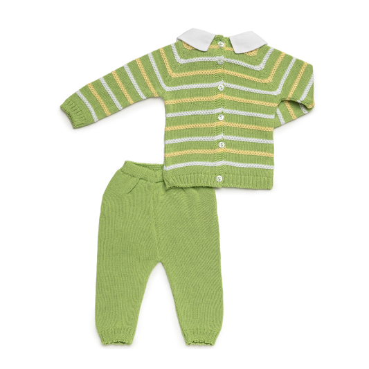 Conjunto de Malha Verde Bebé às Riscas com Gola Branca e Calças - Juliana