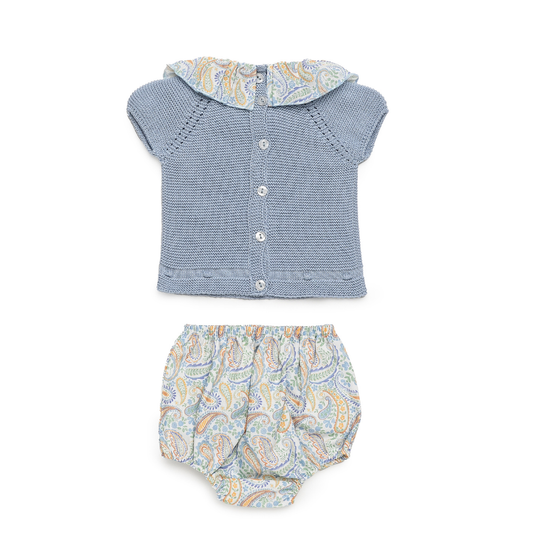 Conjunto de Malha Azul Bebé com Gola Estampada e Tapa-Fraldas - Juliana