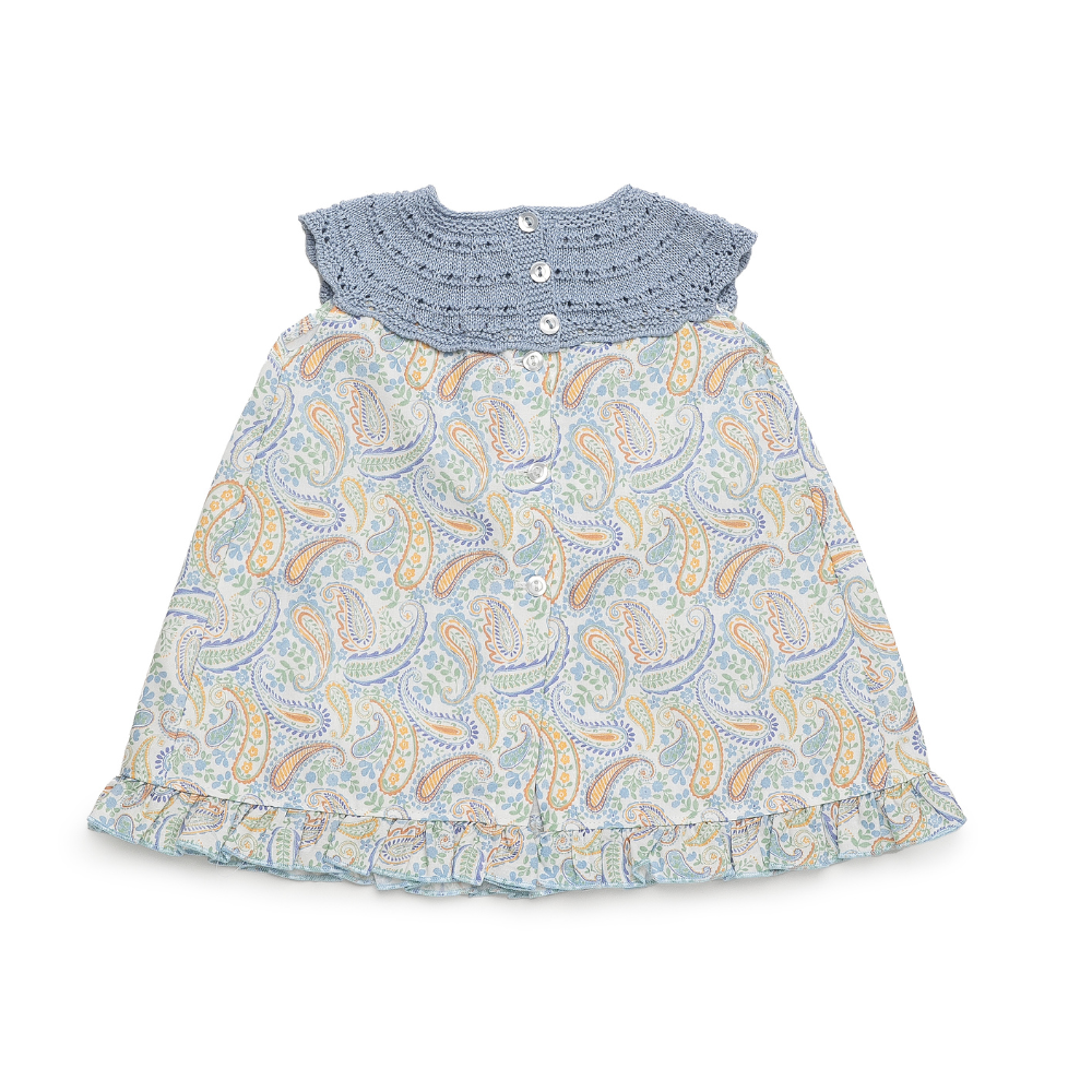 Vestido Bebé Estampado com Gola de Malha Azul e Folho - Juliana