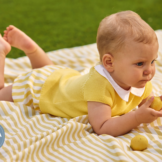 Conjunto amarelo para bebé com camisola de malha e calção às riscas - Juliana