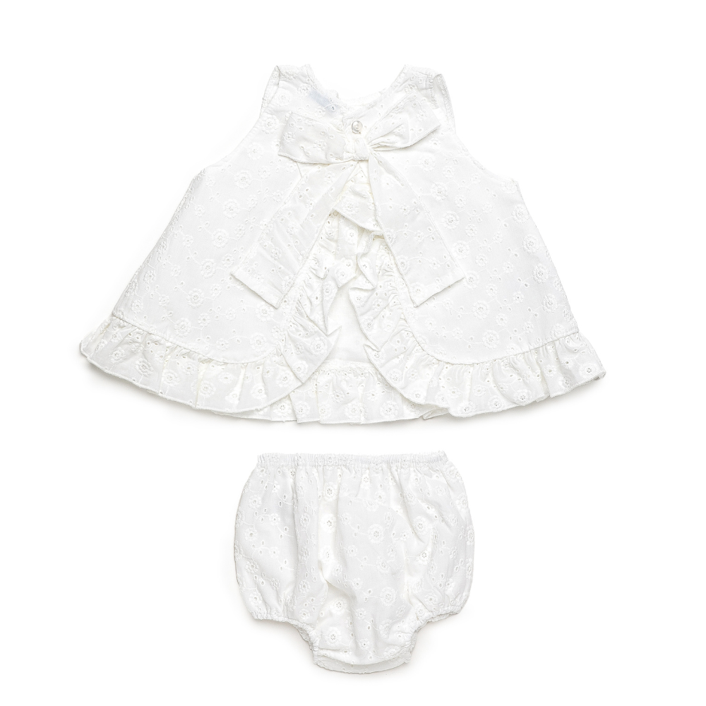 Conjunto vestido branco bordado para bebé com tapa-fraldas - Juliana