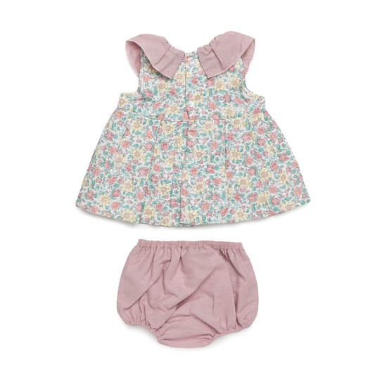 Conjunto Vestido floral para bebé com gola rosa e tapa-fraldas- Juliana