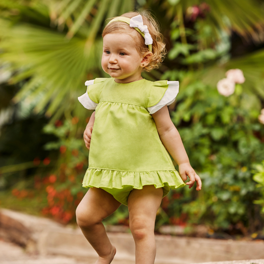 Conjunto vestido bebé verde lima com tapa-fraldas - Juliana