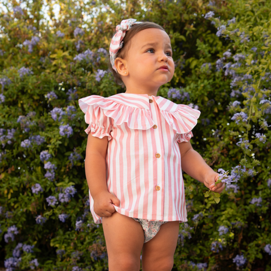 Blusa bebé riscas rosa com gola folho - José Varón