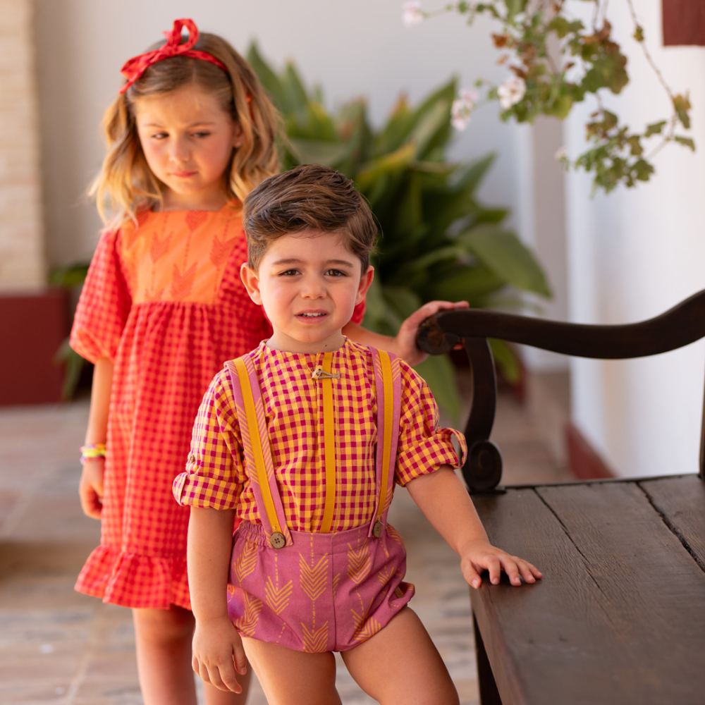 Vestido de menina xadrez coral com folho- José Varón