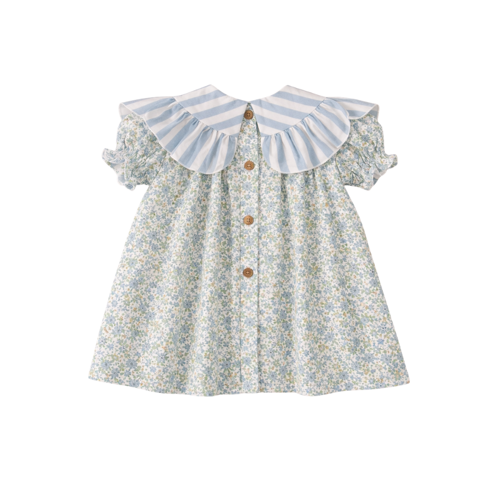 Vestido floral com gola às riscas azul - José Varón