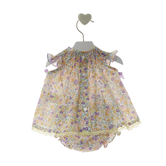 Vestido floral para bebé com tapa-fraldas e laços lilás - Marta Y Paula