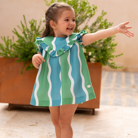 Vestido com tapa-fraldas às riscas verde e azul - Cocote