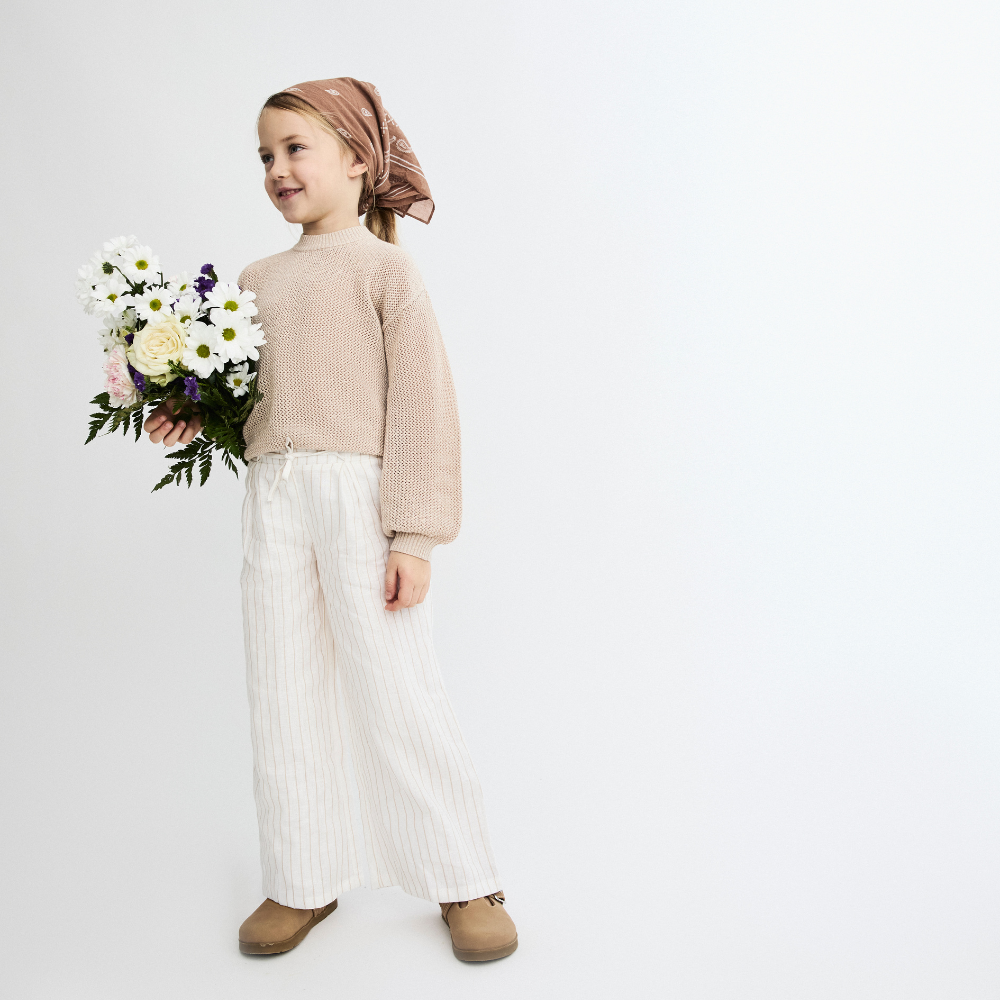 Calças largas de linho branco às riscas bege- EMC