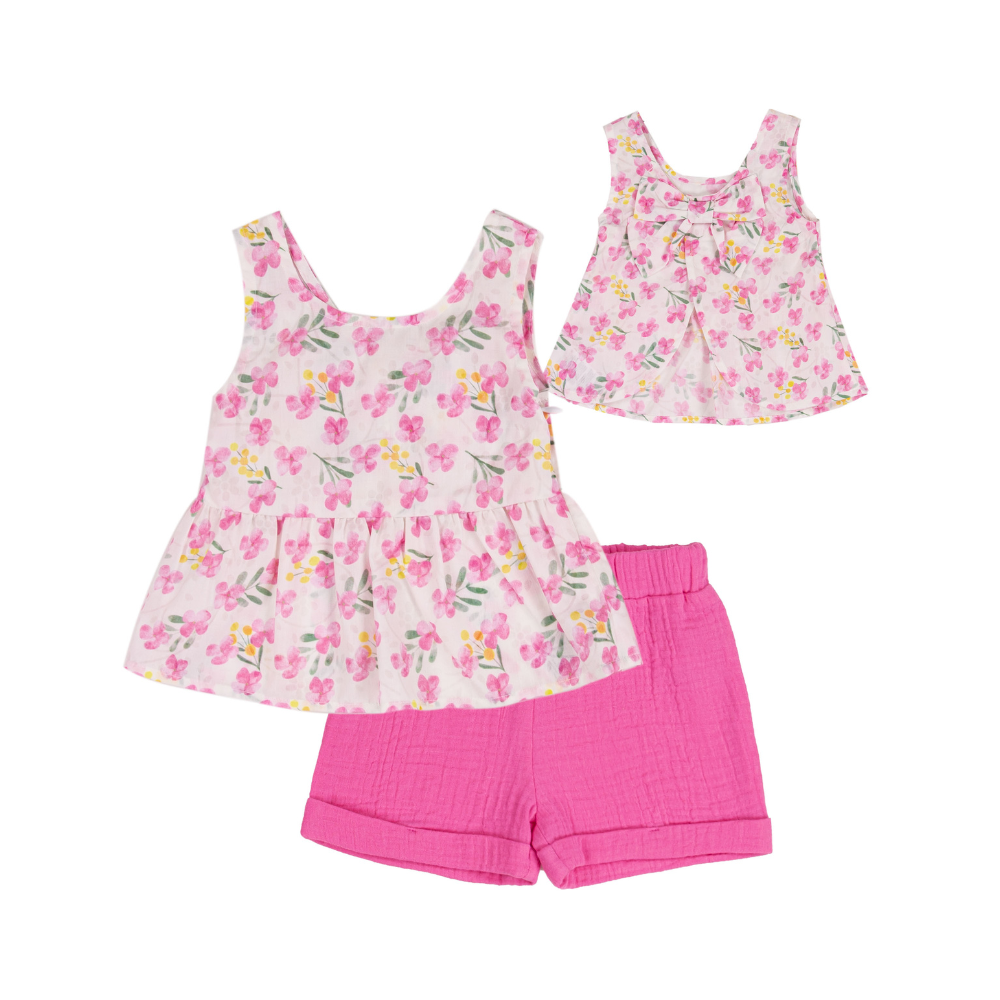 Conjunto Infantil Floral com Calções Rosa - EMC