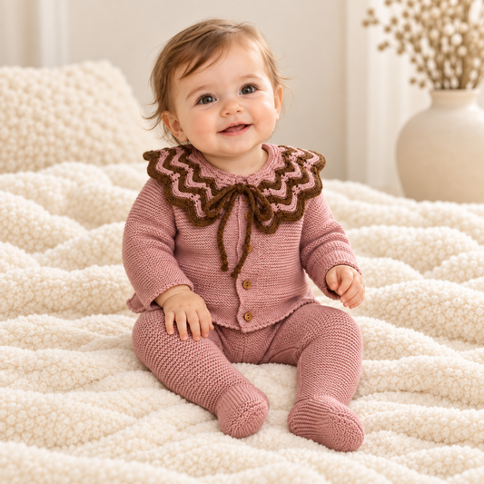 Conjunto de Malha para Bebé Rosa e Castanho com Gola de Folhos- Sigar