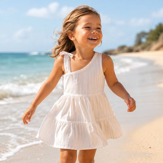 Vestido Infantil em Linho às Riscas com Laço no Ombro - EMC