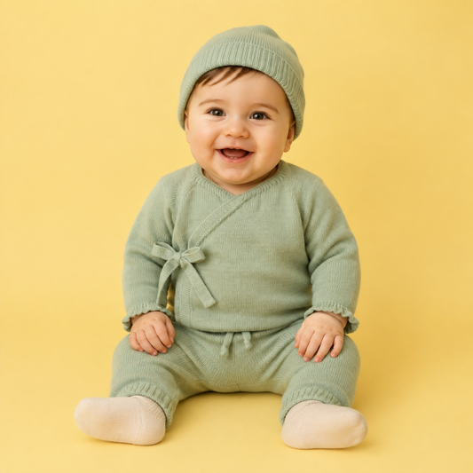Conjunto Bebé em Malha Verde com Laço e Gorro- Mac Ilusión