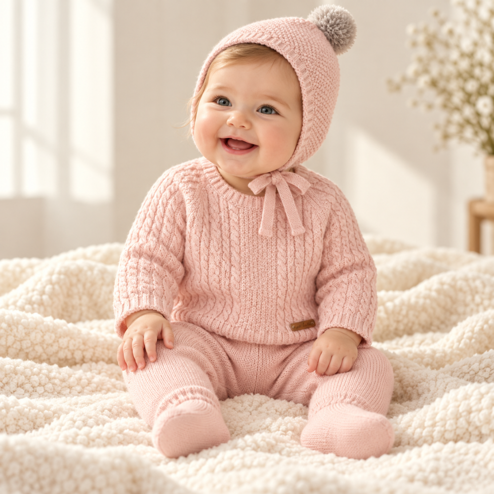 Conjunto de Tricot Rosa para Bebé com Gorro e Pompom- Mac Ilusión