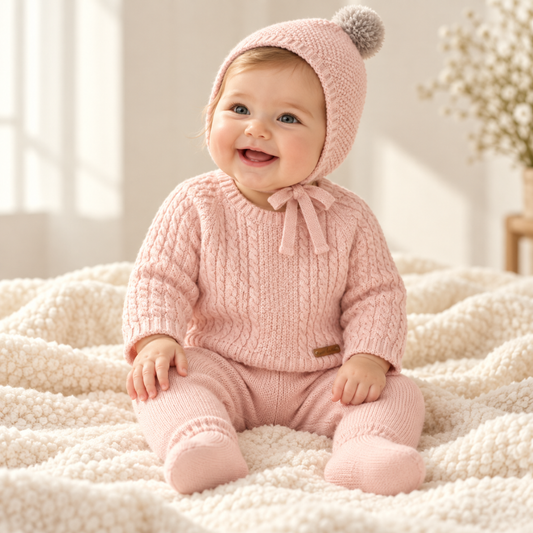 Conjunto de Tricot Rosa para Bebé com Gorro e Pompom- Mac Ilusión