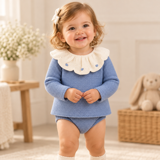 Conjunto de Bebé em Malha Azul com Gola Bordada