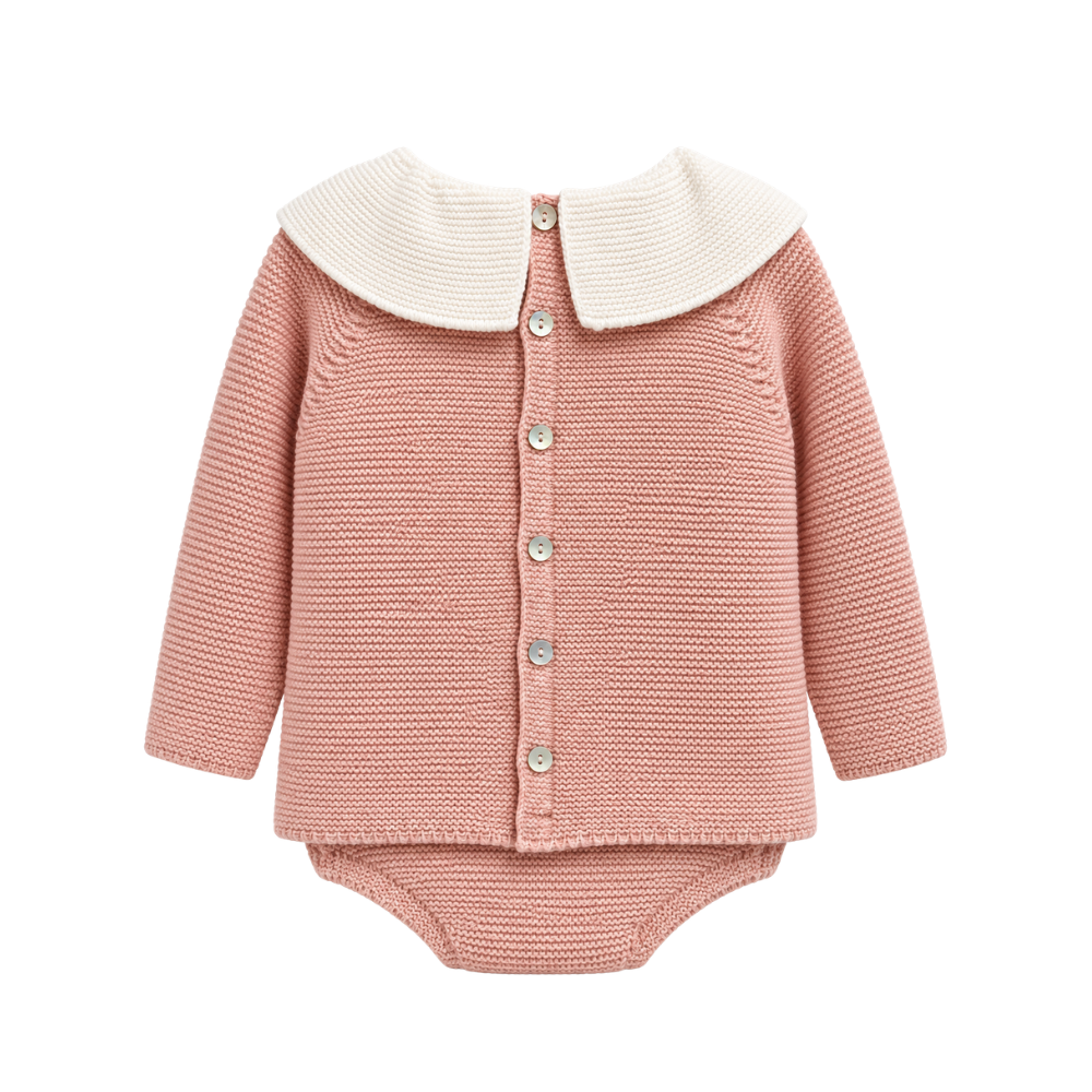 Conjunto de Bebé em Malha Rosa com Gola Bordada
