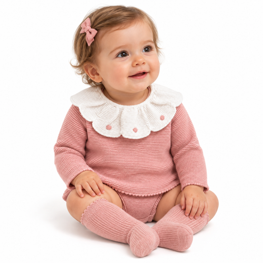 Conjunto de Bebé em Malha Rosa com Gola Bordada