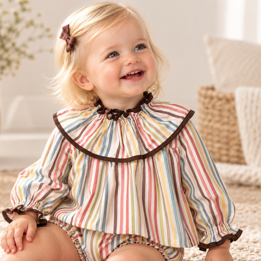 Camisa para Menina às Riscas Multicolor com Gola de Folhos- José Varón