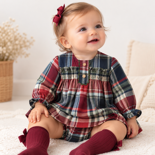 Vestido Curto Bebé Xadrez com Tapa-Fraldas - Yoedu