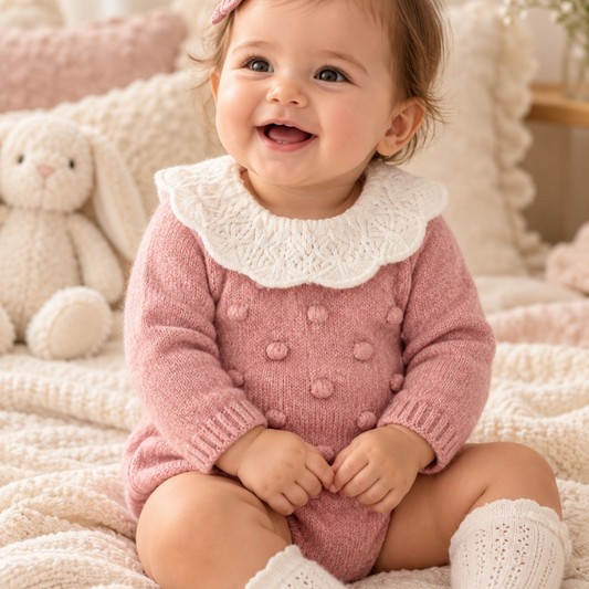Fofo de Malha para Bebé Rosa com Gola Branca e Pompons - Babby