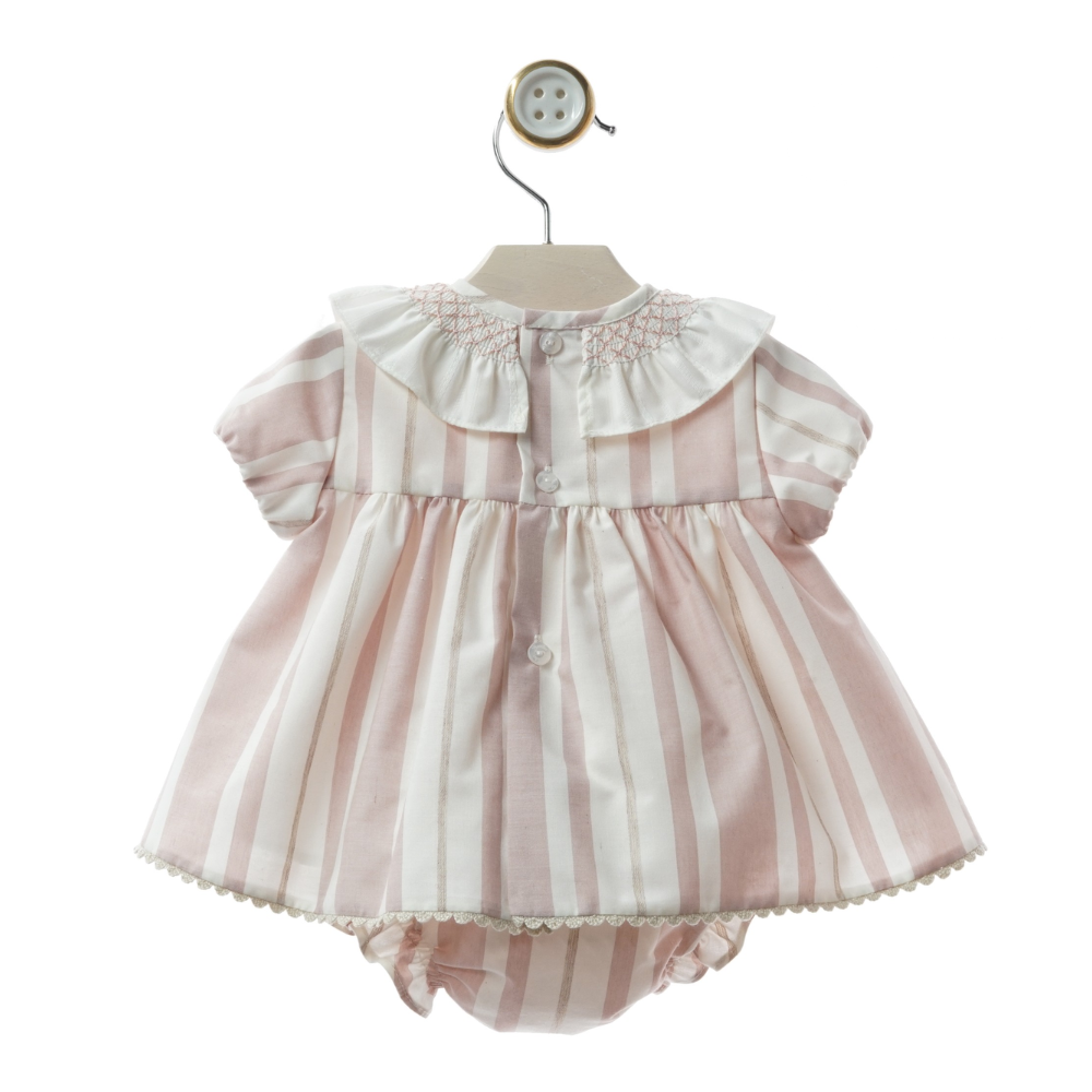 Vestido Curto às Riscas Rosa com Gola Branca e Tapa-fraldas - Yoedu