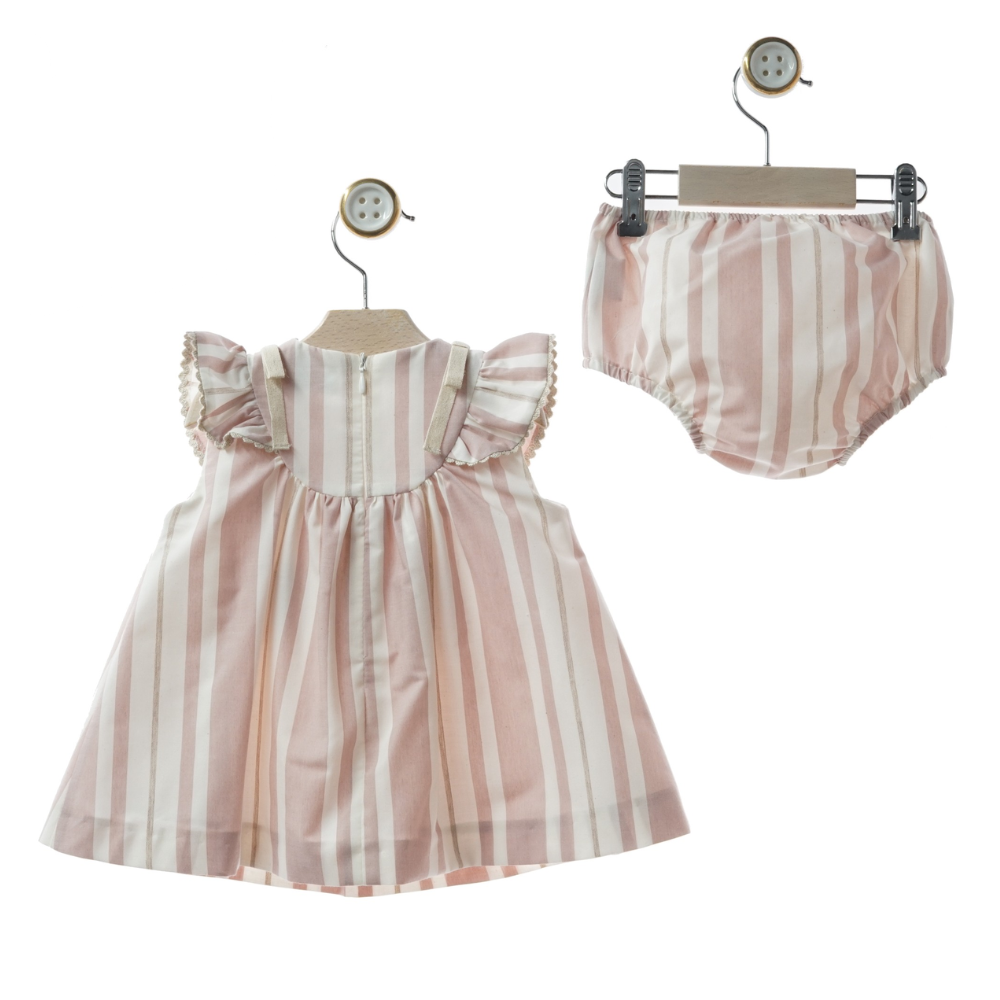 Conjunto Vestido Curto às Riscas Rosa com Peito Smock + Tapa-fraldas - Yoedu