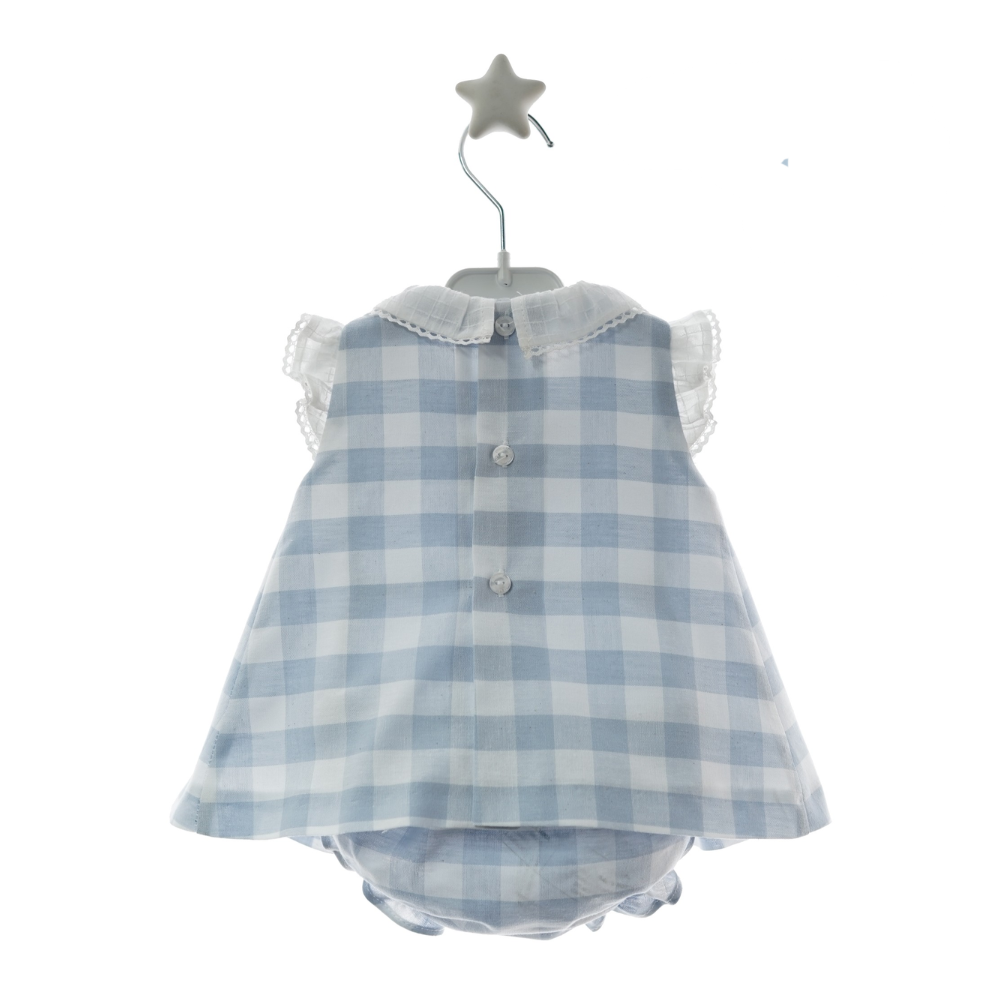 Vestido bebé Vichy Azul com Gola em Renda e Tapa-fraldas- Micolino