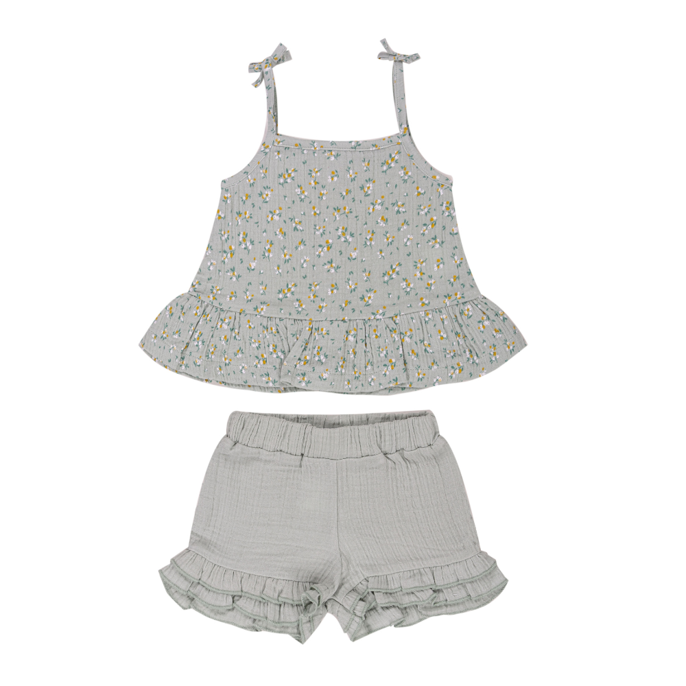 Conjunto Verde Água com Top Floral e Calções - EMC