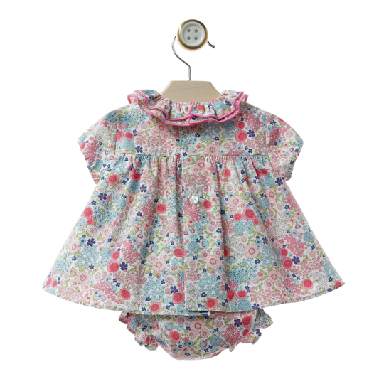 Vestido com Tapa-Fraldas Floral com Gola de Folhos - Yoedu