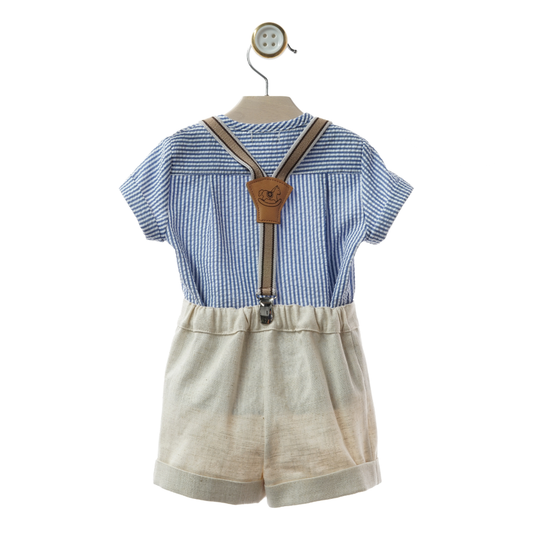 Conjunto Menino com Suspensórios e Camisa às Riscas Azuis- Yoedu