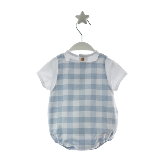 Fofo bebé Vichy Azul com T-shirt Branca e Botões Madeira - Micolino