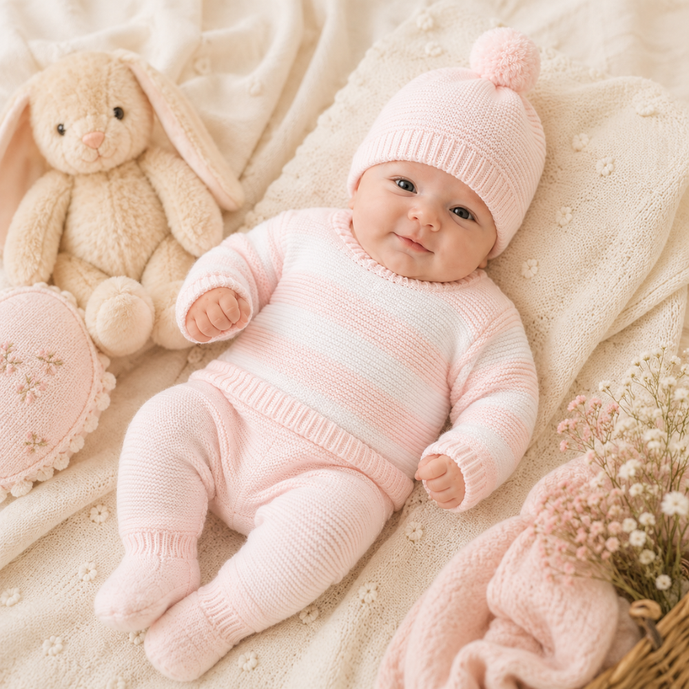 Conjunto de Malha para Bebé Rosa e Branco - Juliana