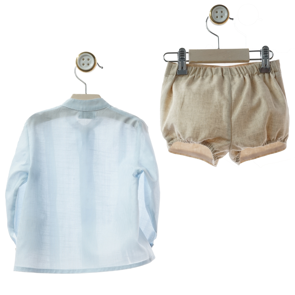 Conjunto Menino – Camisa Riscas Azul Claro + Calção Linho Bege com Botões - Yoedu