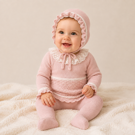 Conjunto de Malha Rosa para Bebé com Camisola e Touca – Juliana