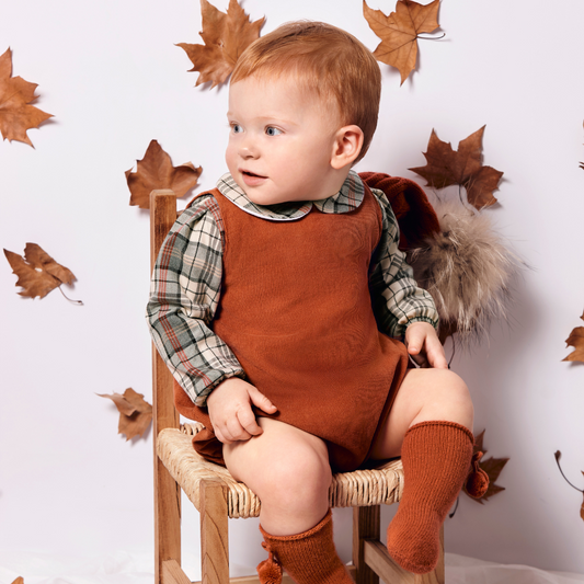 Fofo bebé em bombazine tijolo com gola e mangas xadrez - Juliana