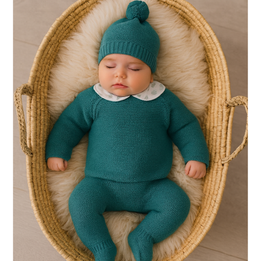 Conjunto malha com gola, calças e gorro para bebé - Juliana