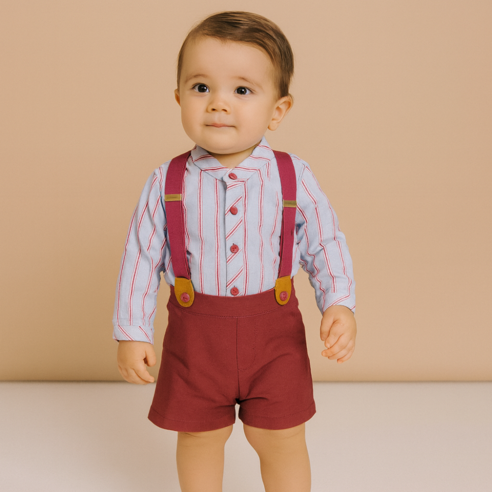 Conjunto bebé menino riscas com calções e suspensórios -Marta y Paula