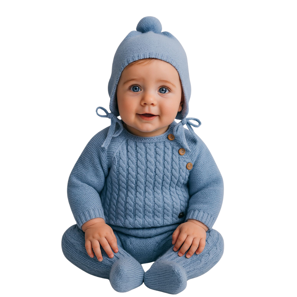 Conjunto bebé malha azul com gorro e calças - Juliana