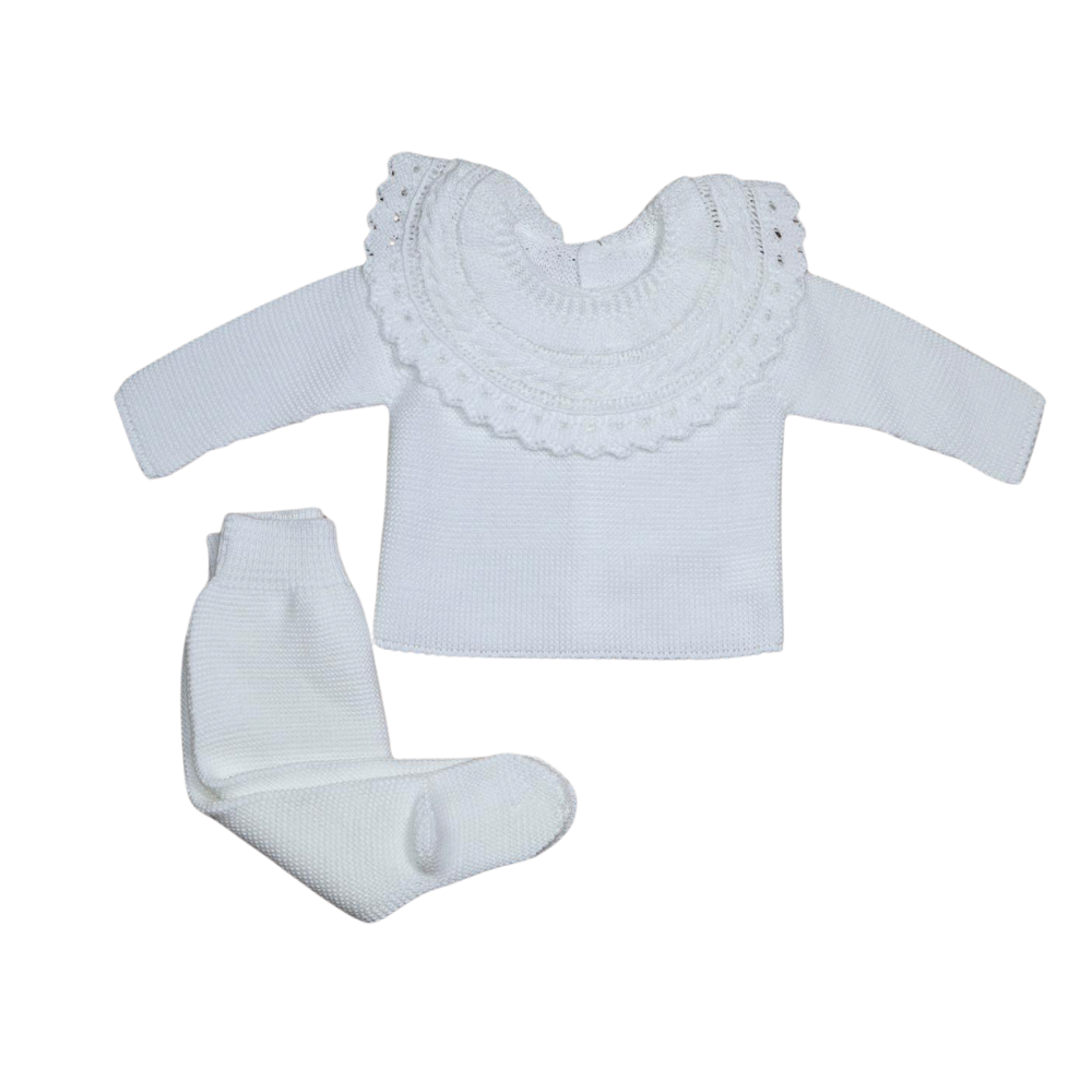 Conjunto bebé em malha branco com gola rendada - Sigar