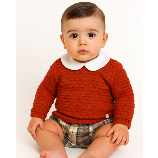 Conjunto bebé menino camisola em malha tijolo com gola e calções xadrez - Juliana