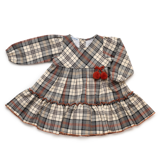 Vestido menina xadrez com folho e laço pompons - Juliana