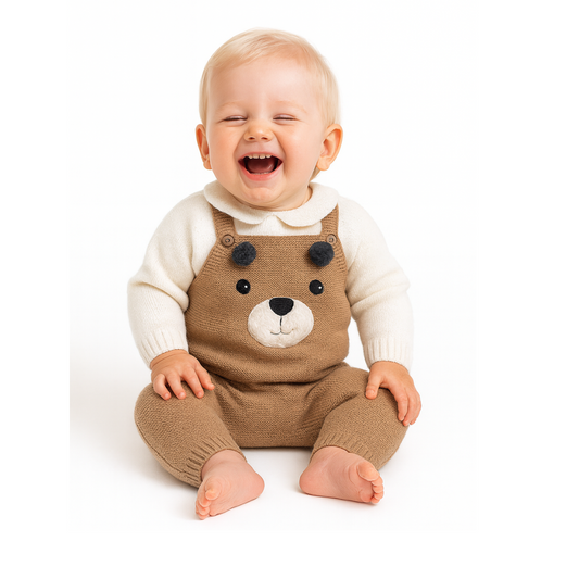 Conjunto malha bege ursinho com camisola branca para bebé - Juliana