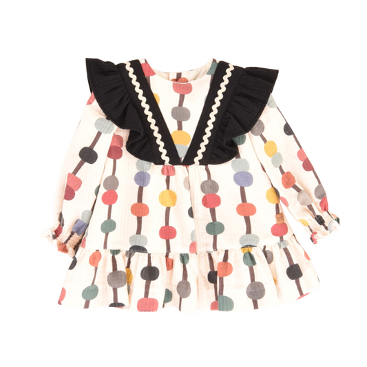 Vestido bebé estampado bolas com folhos pretos - José Varón