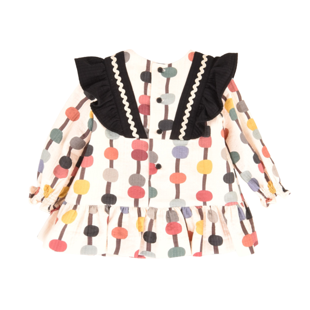 Vestido bebé estampado bolas com folhos pretos - José Varón