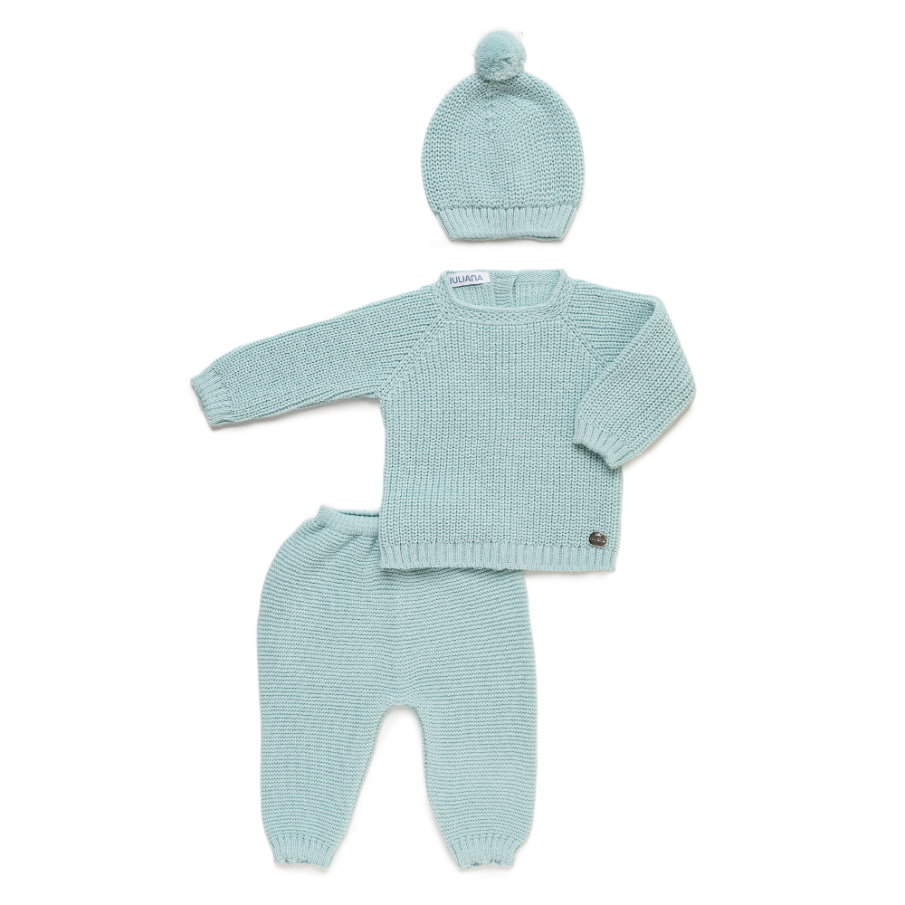 Conjunto bebé em malha verde água com gorro e calças- Juliana